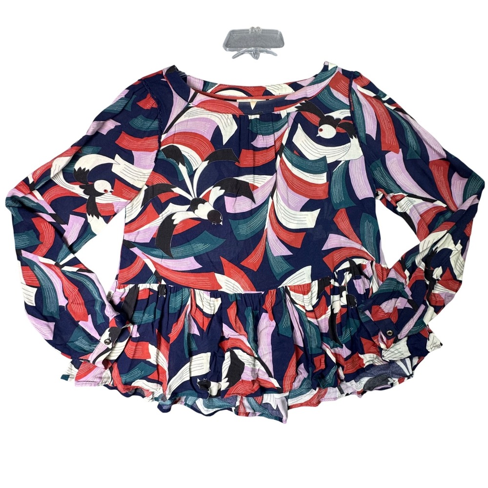 Maeve Anthropologie Abstract Bird Peplum Top Boho Eclectic XS Artsy Maximalist